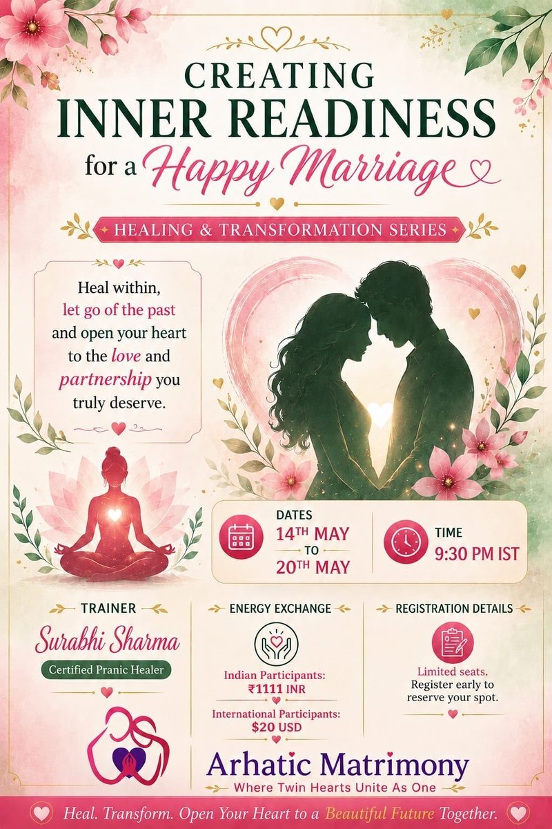 mcksarhaticmat1's tweet photo. 💖*Creating Inner Readiness for a Happy Marriage*💞

A special healing series for singles

💻🖱️Registration Link. 
*https://t.co/fRUxKZ9dDs*

🎦*_ONLY Live sessions_*

📲 For any queries, contact : 
https://t.co/5BpNMNHkUb
pranicmatrimony@gmail.com
Team Arhatic Matrimony https://t.co/oYgRG43Fjq