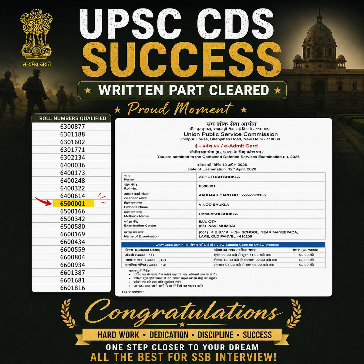 जिस सफलता को पाने के लिए लोग वर्षों तक संघर्ष करते हैं, वैसी खुशियाँ मेरा छोटे भाई आशुतोष अपनी मेहनत, अनुशासन और अटूट दृढ़ संकल्प से बार-बार हासिल कर रहा है। ❤️
आज CDS लिखित परीक्षा उत्तीर्ण कर उसने एक बार फिर पूरे परिवार, समाज और क्षेत्र का नाम गर्व से ऊँचा कर दिया है.