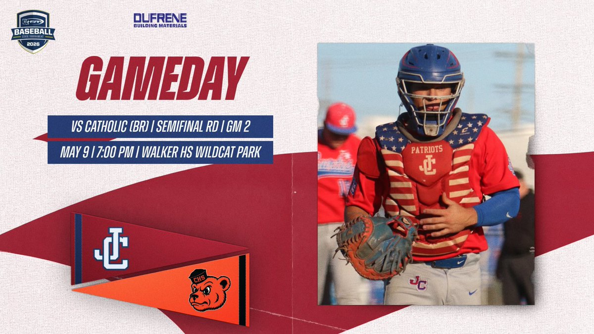 JohnCurtis_BSB's tweet photo. PATRIOT NATION, IT'S GAMEDAY!

John Curtis vs Catholic (BR)

🗓️ : 5/9/26
🕖 : 7:00 PM
📍 : Walker High School Wildcat Park
📌 : LHSAA DI Select Playoffs - Semifinal Round
🚩 : Game 2
📱 : https://t.co/lkKoL29okn…

#PatriotPower #BCFL https://t.co/DXVDlpoEyY