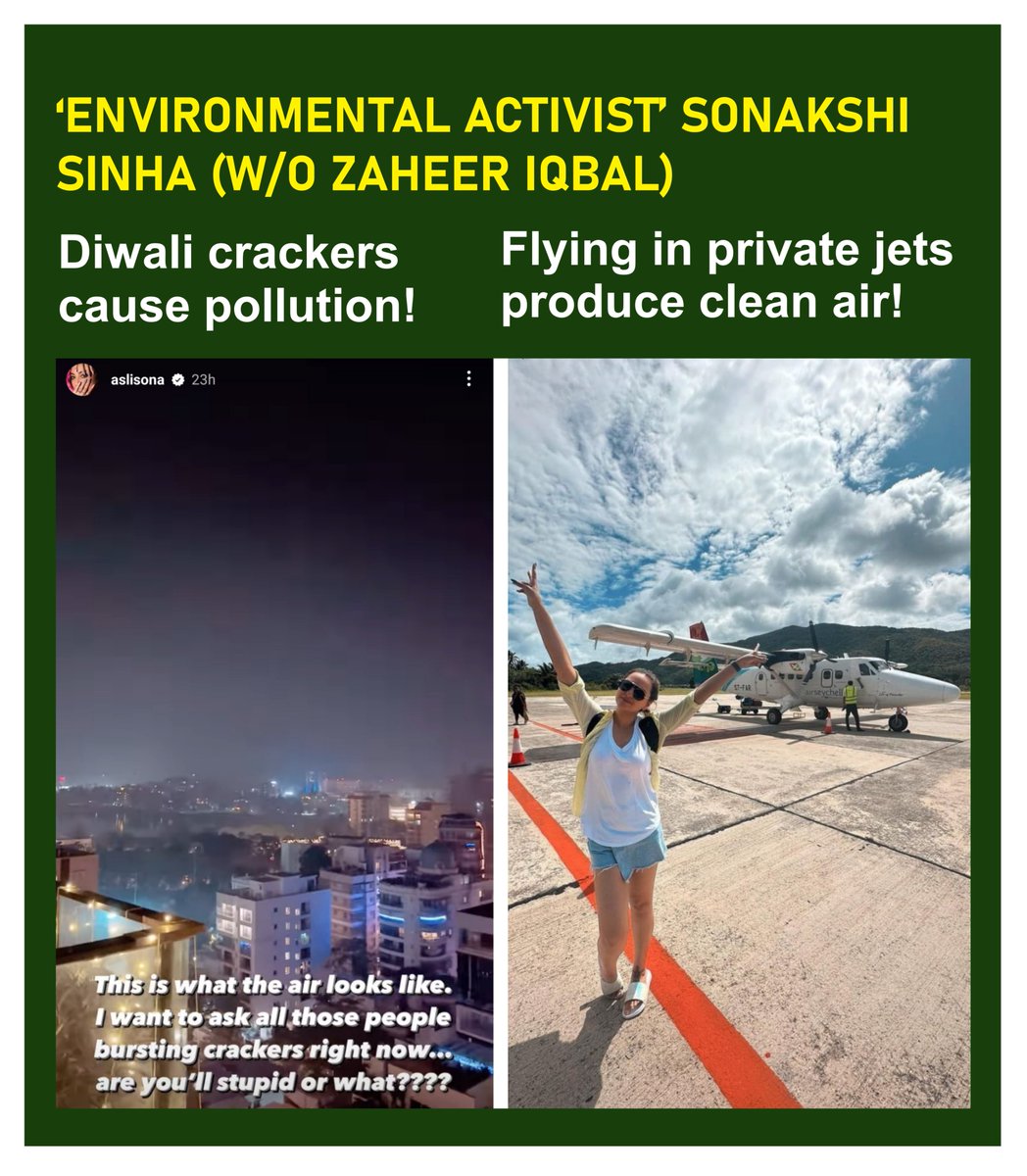 <a href="/sanjoychakra/">SK Chakraborty</a> Hypocrisy of ‘Environmental Activist’ Sonakshi Sinha (w/o Zaheer Iqbal): 
Diwali crackers cause pollution! 
Flying in private jets produce clean air!!

When she selectively targeted Hindu festivals, it was clear that she was pushing Dawood's agenda!!