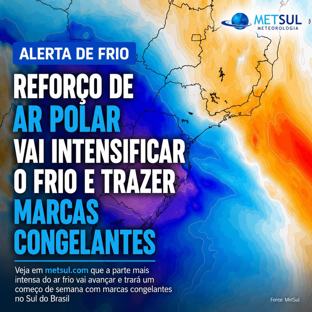 metsul's tweet photo. 🥶 ALERTA DE FRIO | Reforço de ar polar vai avançar e intensificar a onda de frio com marcas congelantes tão baixas quanto -5°C a -6°C no Sul do Brasil. 

‼️Leia o boletim: ▶️ https://t.co/sbF1ZiwQtL https://t.co/YWRXPrgnvv