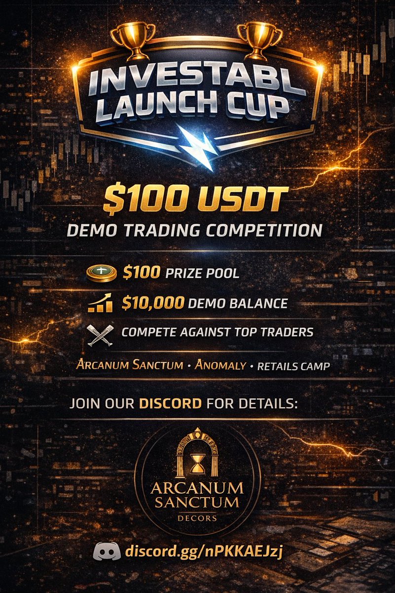 _pxttss's tweet photo. 🏛️ Investabl Launch Cup is LIVE.

$100 USDT prize pool.
$10,000 demo balance.
14 days to prove your edge.

No deposits. No excuses.
Just execution.

Built for traders from:
• Arcanum Sanctum
• Anomaly
• Retails Camp

Full mechanics inside the server.

Powered by @investabl_ai https://t.co/fSjDIwJ5f2
