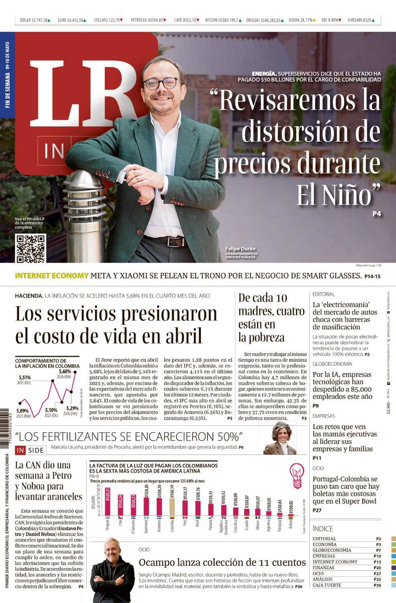 Superservicios's tweet photo. Hoy en la portada de La República, el superintendente Felipe Durán Carrón (@felipedurancarr) habla sobre los principales desafíos del sector de servicios públicos y las acciones que adelanta la Superservicios para proteger a los usuarios.

En la entrevista aborda temas clave como la vigilancia diaria al comportamiento de las tarifas de energía, el seguimiento a Canacol, los riesgos ante el Fenómeno de El Niño y las medidas de inspección, vigilancia y control que adelanta la entidad para garantizar servicios públicos más eficientes y transparentes.

Lea la entrevista completa aquí: https://t.co/BmyKJEIs50