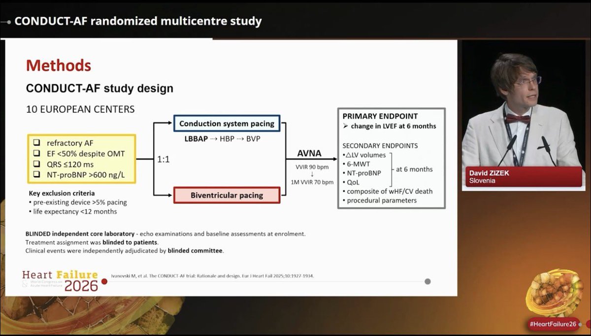 slumberbell's tweet photo. 🫀CONDUCT-AF: conduction system pacing with LBBAP vs biventricular pacing BVP in symptomatic HF patients with refractory AF undergoing AV node ablation. 
presented by #DavidZizek at #HeartFailure26:

📍LBBAP was non-inferior to BVP for improvement in LVEF at 6 months
📍Both groups improved from ~35% to ~46% LVEF
📍Structural remodeling, QoL, and clinical outcomes were similar between strategies
📍LBBAP showed a more favorable procedural profile & narrower QRS
📍Represent a practical alternative to BVP in a pace-and-ablate strategy

@escardio @HFA_President @MarcoMetra @jozinetm @WilfriedMullens
