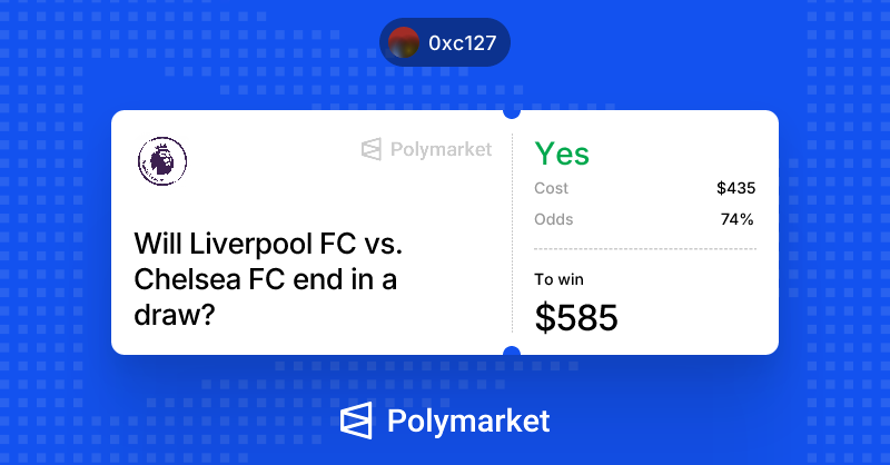 BlitzTrader4's tweet photo. Draw written all over it Liverpool 1-1 Chelsea FT.

Nice! Let's predict and earn on @Polymarket . Register here: https://t.co/zzf9VhMHtb https://t.co/1zx6eY59Bd