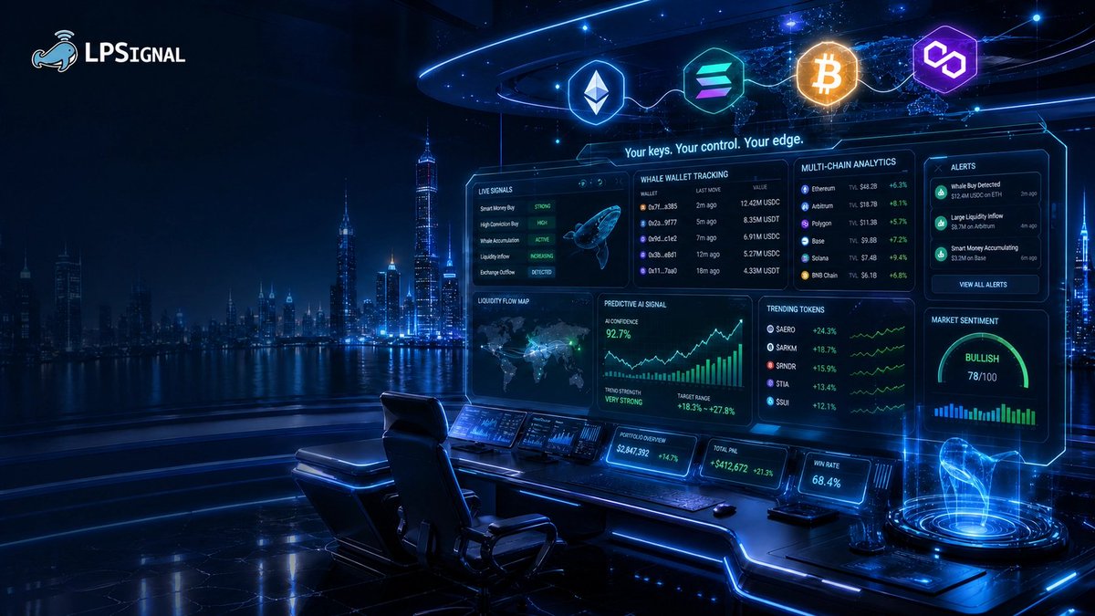 LPSignal's tweet photo. Your keys, your control, your edge. 🛡️

No paperwork. No waiting. Just institutional-grade signals delivered straight to your dashboard across 9+ major chains.

Connect. Analyze. Execute. 🚀 
Start here: https://t.co/4duKA6E954 

#Web3 #PrivacyMatters #DeFi https://t.co/77Mes3ctWZ
