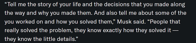zfellows's tweet photo. “People who really solved the problem, know exactly how they solved it, they know the little details.”

— Elon Musk https://t.co/fdN0ZUbMsX