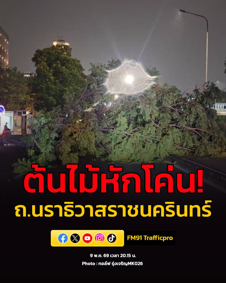 9 พ.ค. 69 เวลา 20.15 น. ถนนนราธิวาสราชนครินทร์ มาจากแยกสาทร-นราธิวาสฯ มุ่งหน้าพระราม 3 เลยแยกจันทน์-นราธิวาสฯ 100 เมตร ต้นไม้หักโค่นลงมา กีดขวางทุกช่องทาง #ข่าวจราจร #ข่าวสวพ91 #FM91