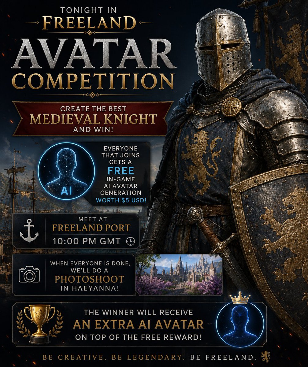 FreelandVr's tweet photo. ⚔️ TONIGHT IN FREELAND ⚔️

Avatar Competition - Create the BEST Medieval Knight! 🛡️👑

🎁 Everyone who joins gets a FREE in-game AI Avatar Generation (worth $5)

📍 Freeland Port - 10 PM GMT Saturday, Today

📸 Afterwards we’ll do a photoshoot in Haeyanna!

🏆 Winner gets AN EXTRA avatar reward!

See you there ⚔️
#VR #Gaming #VRMMO