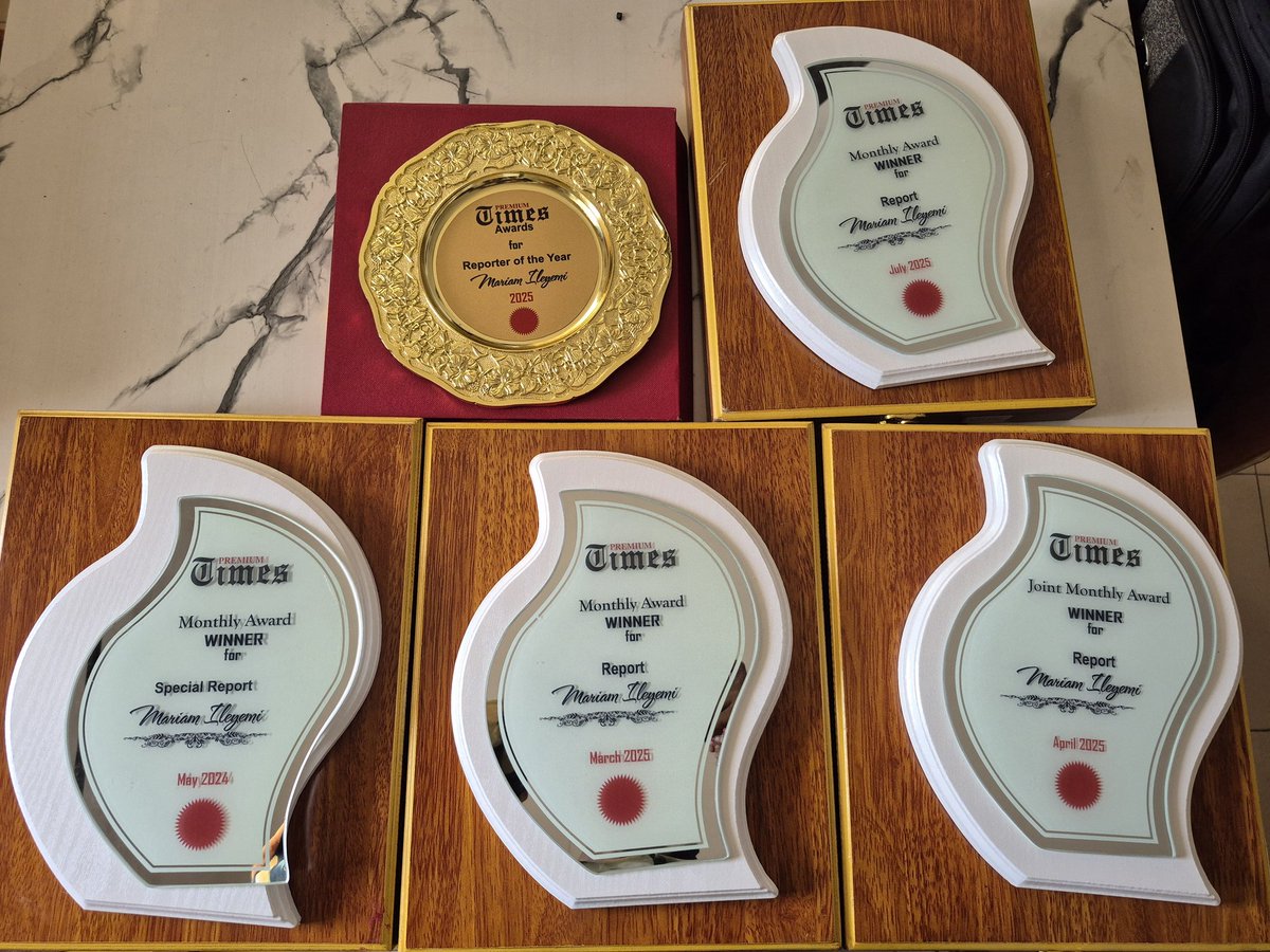 MariamIleyemi's tweet photo. Five awards. 🏆✨

Exactly a week ago, I was named Premium Times Reporter of the Year (2025). 

Alhamdulillah 🙏 https://t.co/L3WoyBAVVy