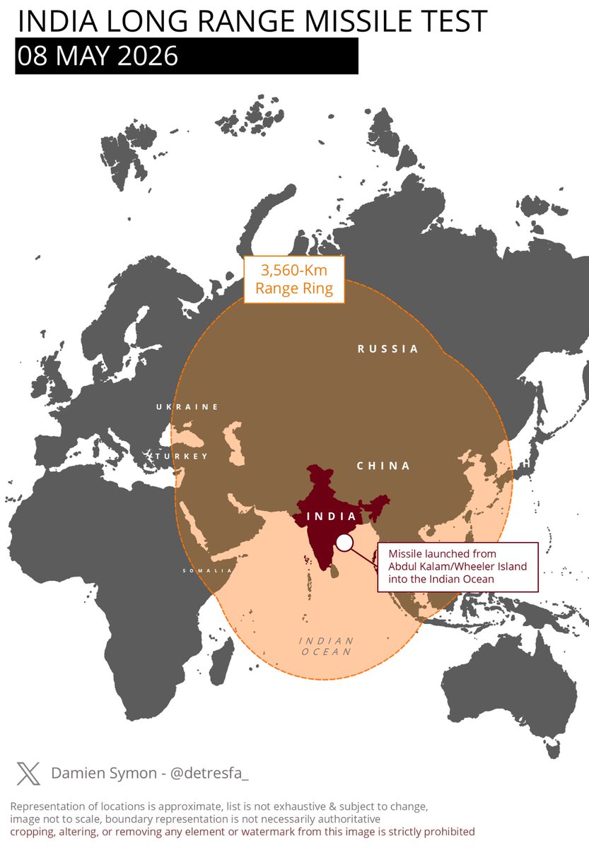 worldwaveindex's tweet photo. 🇮🇳 India announces the successful flight-trial of an "Advanced' Agni missile with Multiple Independently Targeted Re-Entry Vehicle (MIRV) systems on May 08, 2026 . 
Below is a map of the range as per the test notification
#ICBM #indian #MissileTest #Agni https://t.co/WVJV4VoXVT