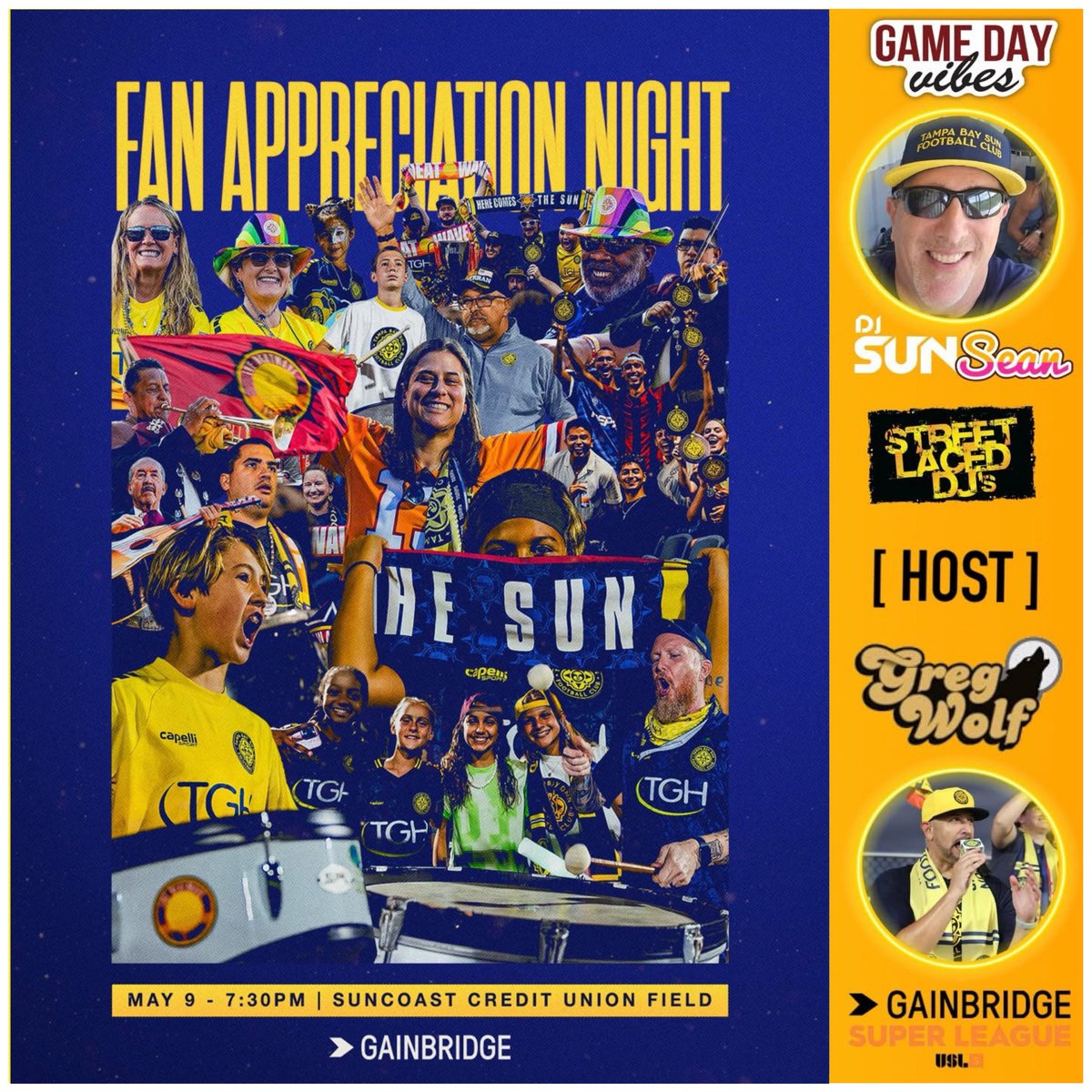 GregWolfTBL's tweet photo. Rise & Shine,🌞#Sunchasers! 
It’s Match Day!
HAPPY FAN APPRECIATION NIGHT, as we say THANK YOU to the best fans in the league!

Your @TampaBaySunFC continue their journey in Professional Women’s Soccer as they battle @dallastrinityfc with a 7:30pm kickoff tonight at @SuncoastCU field, streaming exclusively on @peacock!
Our city. Our team. Our night. 🌴☀️
Join the pre-match Happy Hour and “March to the Match” at @Uleletampa!
Kick things off with #SunNation from 4:00–5:15 PM before heading together to the stadium!

Don’t miss this chance to connect with fellow fans, build the energy, and march into matchday as one!
We’ve also got our IN-STADIUM Happy Hour and $1 Hot🌭Dogs!
Raffle & Giveaway Opportunities!
🆓 Beach Towel Giveaway POST-GAME!

Be on the lookout for Tampa’s favorite DIVA mascot appearing all around the match tonight, the one and only @soletampabay, halftime Dance Party on deck!

The festivities will be shining bright with @StreetLacedDJs own (honorary) @prosportsdjs on the decks, MIXING 🎧 LIVE pre-game, halftime & post-game, keeping the vibes vibrant under the lights while yours truly is back on the mic🎤!

We surely have some fun things planned, including giveaways, dance parties & so much more! 
Finish the season STRONG!
Let’s Do Work! #LetsGoSun