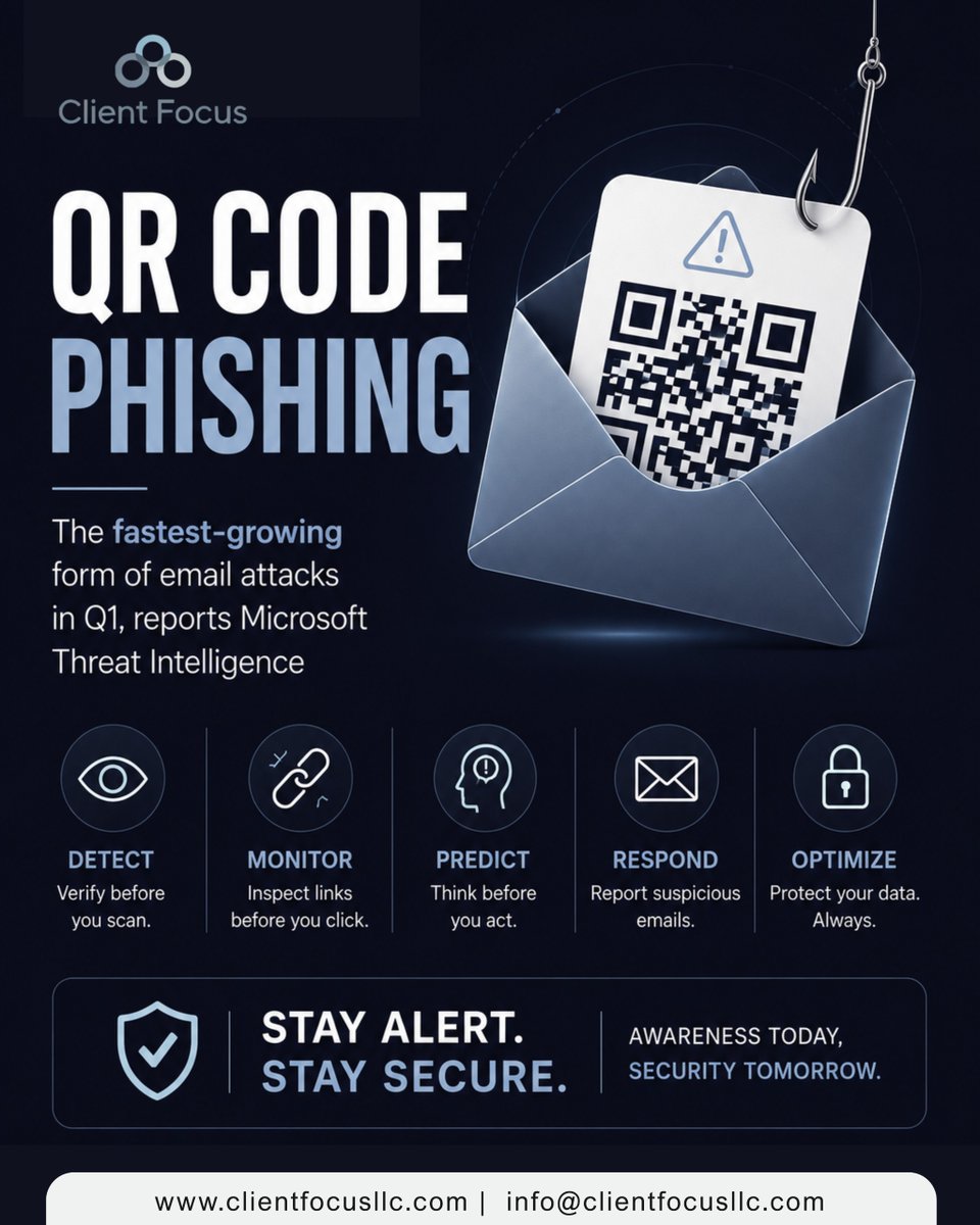 ClientFocu76462's tweet photo. QR code phishing is now one of the fastest-growing cyber threats. One scan can expose your data, credentials, and business systems. Stay alert. Verify before you scan. Cyber awareness is your first line of defense.

#CyberSecurity #Phishing #QRCode #CyberAwareness #DataSecurity https://t.co/90qwyIKeoq