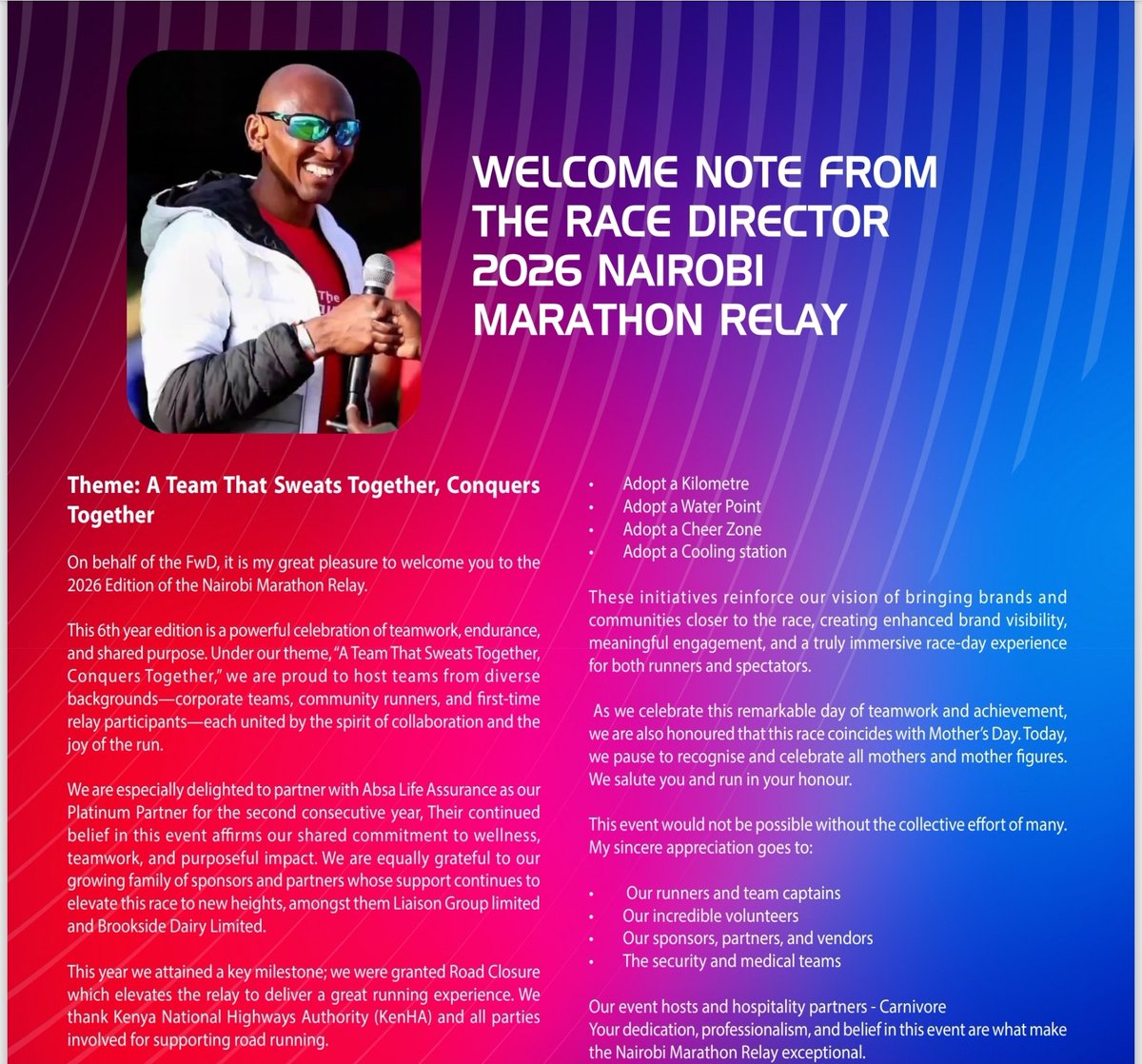 itsdavidthuo's tweet photo. Welcome all to our 6th edition Nairobi Marathon Relay Race guide.The most electrifying sporting event.
.0727 5432296 runners taking on 7kms to make 42.2 kms.
Check out the full guide on 
https://t.co/SpHpcX0k7m
#NairobimarathonRelay 
#Inspiringhumanstorun 
#FitnessWithdavid https://t.co/F4ouAR2u5F