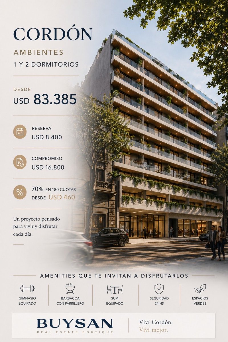 AlejandroBuysan's tweet photo. Cordón, pensado para quienes llevan una vida activa, moderna y saludable. 
Con 158 apartamentos - Ley 18.795

Financiación Desde USD 83.385 ✔️ Reserva: USD 8.400 ✔️ Compromiso: USD 16.800 ✔️ 70% financiado en 180 cuotas desde USd 460 https://t.co/JbhWo6uGwN