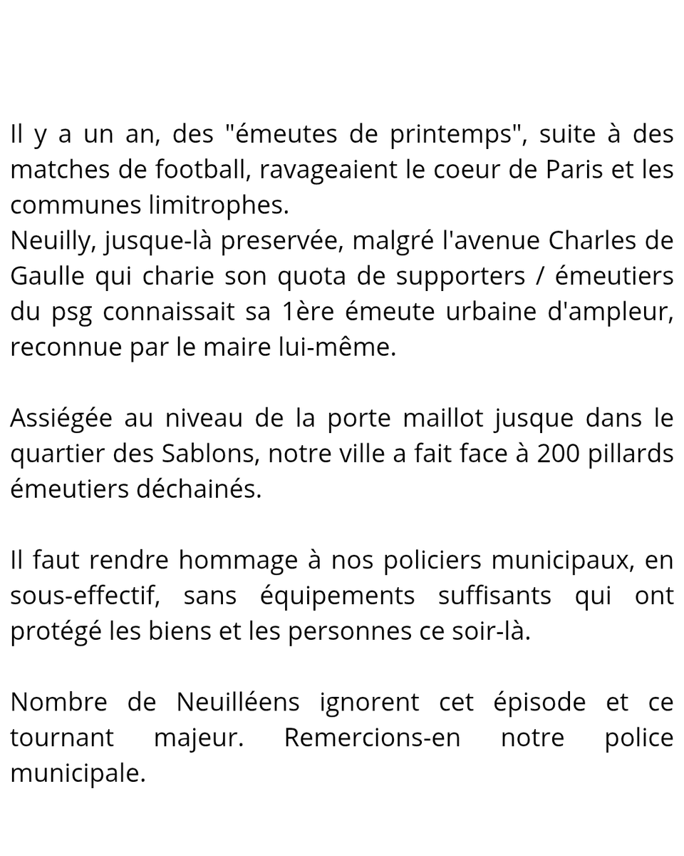 BenoitAguelon's tweet photo. Il y a un an, des "émeutes de printemps", suite à des matches de football, ravageaient le coeur de Paris et les communes limitrophes.
Neuilly, jusque-là preservée, malgré l'av CDG qui charie son quota d'émeutiers du psg connaissait sa 1ère émeute urbaine d'ampleur
#neuilly https://t.co/gX82OF4z2r