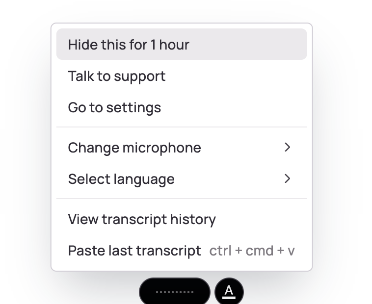 imshankar_18's tweet photo. Not sure why @WisprFlow has this option (Hide for 1 hour). But sometimes I use this to hide the widget while screen recording. https://t.co/Qmv08r7GV5