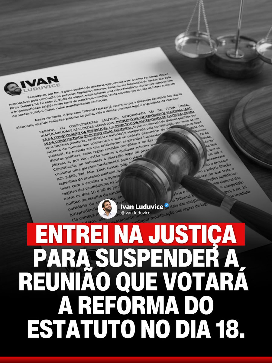 PROTOCOLEI UMA AÇÃO NA JUSTIÇA PARA SUSPENDER A REUNIÃO DO CONSELHO DELIBERATIVO QUE PRETENDE VOTAR A REFORMA DO ESTATUTO NO DIA 18 DE MAIO.

Entrei com essa ação porque entendo que estão tentando mudar as regras da eleição poucos meses antes do pleito, criando barreiras de