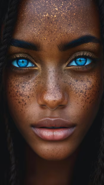 Beautiful african woman with blue eyes and freckles on her face ...