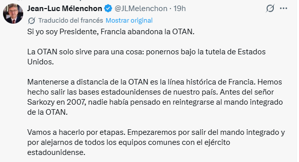 EcEnDirecto's tweet photo. #ATENCIÓN 
El candidato presidencial de #Francia, Jean-Luc Mélenchon @JLMelenchon, enfatizó que si gana las elecciones, su país abandonará la #OTAN. 
"La OTAN solo sirve para una cosa: ponernos bajo la tutela de Estados Unidos. Mantenerse a distancia de la OTAN es la línea histórica de Francia. Antes del señor Sarkozy en 2007, nadie había pensado en reintegrarse al mando integrado de la OTAN", indicó.