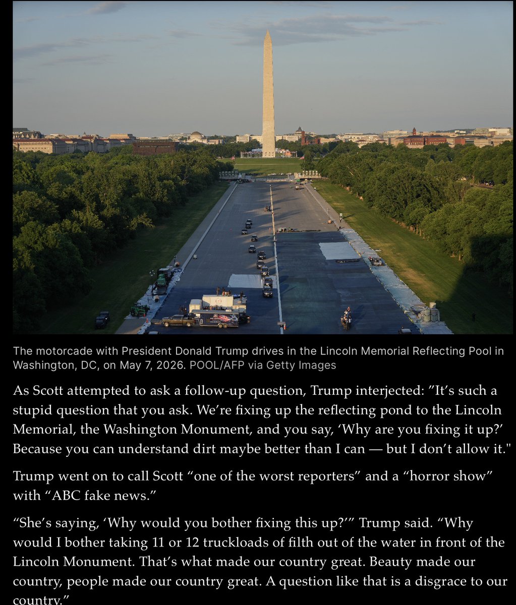 bernsteinr's tweet photo. Why is he driving his motorcade IN the reflecting pool? There are roads around it. https://t.co/iBBjGGknz8