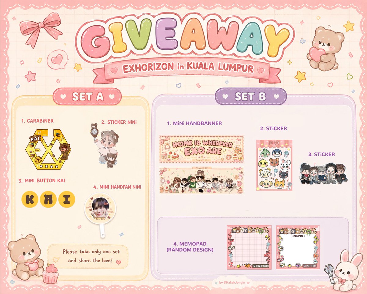 ⋆⭒˚.⋆ 𝙴𝚇𝚑𝙾𝚛𝚒𝚣𝚘𝚗 𝚒𝚗 𝙺𝙻  ⋆⭒˚.⋆
 
🚗💨💨 FREEBIES TUMPANG LALUUU 

ꨄ︎ just come, smile and say hi 👋🏻
ꨄ︎ only 1 set per person
⌚️timing TBA 
📍Stadium Hoki 

design exclusively by <a href="/chikulet02/">Chikulet ✨️🐢</a> &amp; @/exokiss88 

fanart by <a href="/puppyppyppy/">TuoTouo</a> 

 #EXhOrizoninKL
