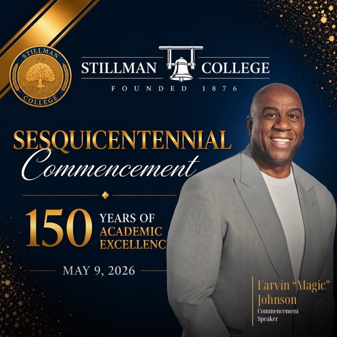 GoStillman's tweet photo. 🎓✨ COMMENCEMENT ✨🎓
Today we celebrate the @StillmanCollege Class of 2026 during our Sesquicentennial — 150 years of excellence, legacy, and impact.

Earvin “Magic” Johnson will deliver the keynote
🗓 Sat., May 9
⏰ 9AM
📺https://t.co/aLtDEp97wl
#StillmanGrad26 #Stillman150 🎓 https://t.co/ni17ImTmm5