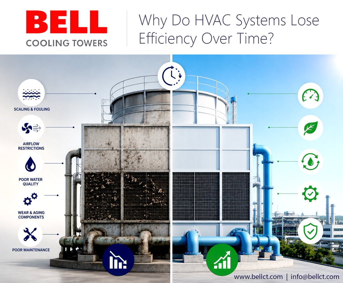 bellctofficial's tweet photo. HVAC efficiency drops over time due to scaling, fouling, poor maintenance, and airflow issues. Preventive care keeps systems reliable and efficient.

#HVAC #CoolingTowers #IndustrialCooling #EnergyEfficiency #BellCoolingTowers

@woggroup | @bellctofficial https://t.co/tGfVn14lYE