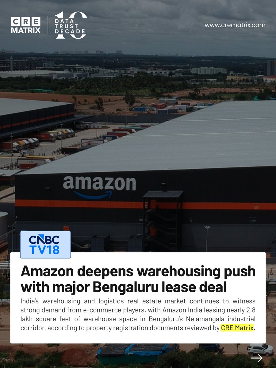 According to documents accessed by http://CREMatri, Amazon Seller Services Private Limited has leased nearly 2.78 lakh sq ft of warehouse space in Bengaluru’s Nelamangala industrial corridor from Assetz Industrial Parks Private Limited. . . . . . #Bengaluru #PropertyDeal