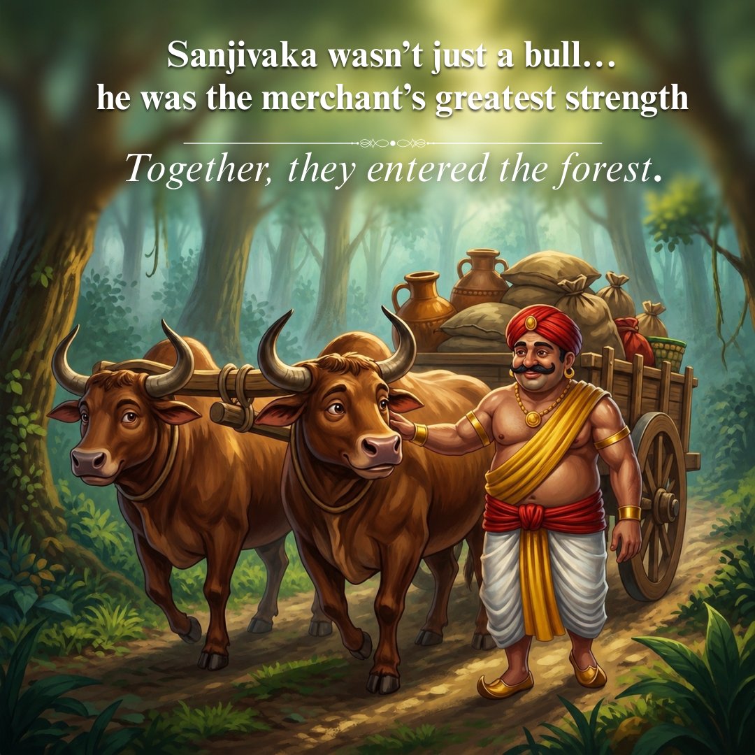 vrtam_studios's tweet photo. A merchant entered the forest with hope in his heart… and two loyal bulls by his side. 🐂🌿

For him, Sanjivaka was never just an animal, he was the merchant's greatest strength.

But fate had other plans.

One accident in the middle of the forest changed everything.

A separation no one expected.

A moment that would soon awaken fear inside a king…? 👀

And this is only the beginning of the Panchatantra tale that shaped generations.

🌿 Episode 2 premieres May 12

The forest is waiting.

Follow YouTube: https://t.co/7LtceUkOa9

and step into the story..

#Panchatantra #IndianFolktales #Storytelling #AnimatedSeries #vrtamstories

[Panchatantra, Sanjivaka, merchant story, Indian folktales, ancient Indian stories, jungle tale, bull and merchant, animated storytelling, Indian mythology inspired, friendship story, cinematic animation]