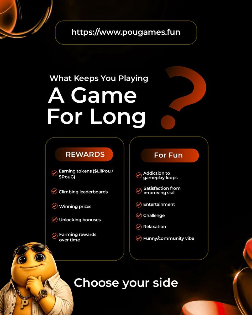 PouGSol's tweet photo. What keeps you playing a game longer? 👀

Good rewards 💰
or
Actually fun gameplay 🎮 https://t.co/lVkK6uwlyz