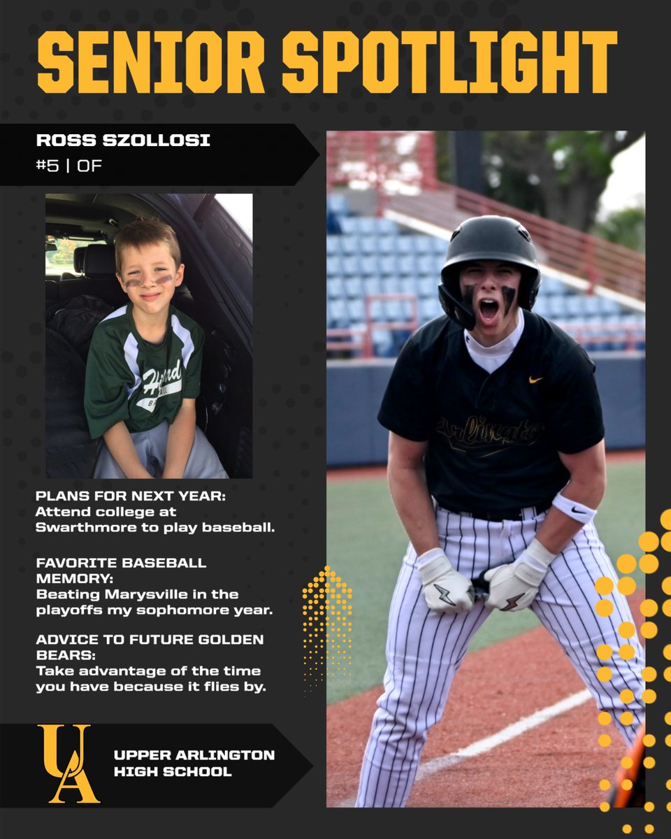 UABearsBaseball's tweet photo. 🌟 SENIOR SPOTLIGHT 🌟

Today we recognize one of our outstanding seniors from Upper Arlington Golden Bears Baseball! ⚾

Thank you Ross for your leadership, dedication, and commitment to the program both on and off the field.  🐻💛🖤 https://t.co/F8exd6WDSi