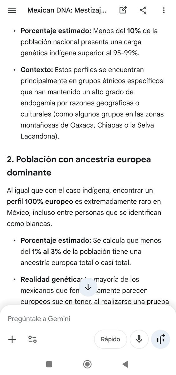 <a href="/TCiceronis/">Tulia Ciceronis, Princeps Senatus, Mater Patriae</a> Sí. Menos del 10% de la población es "casi"  indígena. En el otro lado, el 3% es casi europeo (y mucho casi europeo es de reciente migración). No es opinión, es hecho científico.

También derrumba narrativa del genocidio. ¿Por qué hay más casi indígenas que casi europeos?