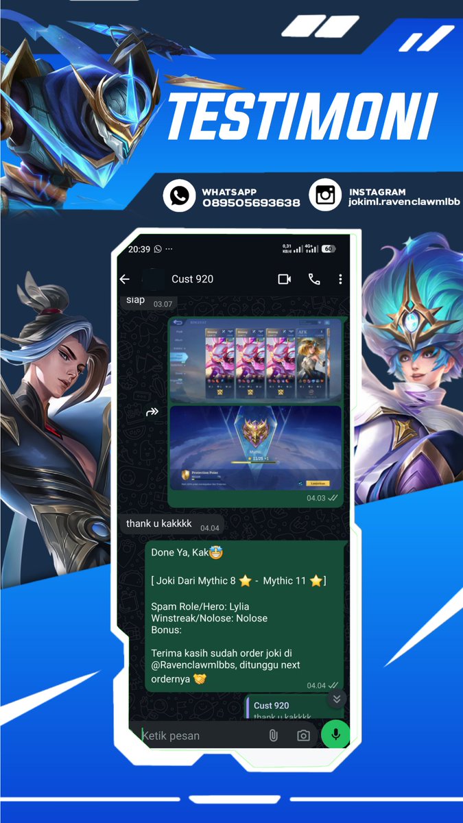 ravenclawmlbb's tweet photo. Done Joki ML

2417. Mythic 3 ★  No Lose
2418. Jokgen Glory 4 ★ No Lose
2419. Mythic 5 ★  No Lose
2420. Honor 33 ★ - Glory 51  ★

Sung aja yang mau order bisa langsung ke https://t.co/5BYb88r2nW

#testiravenclawjoki #jokiml https://t.co/FLeiyJ72lV
