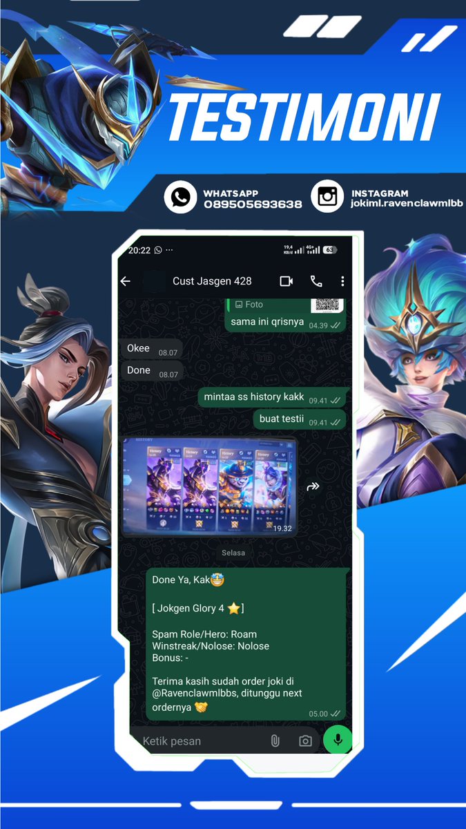 ravenclawmlbb's tweet photo. Done Joki ML

2417. Mythic 3 ★  No Lose
2418. Jokgen Glory 4 ★ No Lose
2419. Mythic 5 ★  No Lose
2420. Honor 33 ★ - Glory 51  ★

Sung aja yang mau order bisa langsung ke https://t.co/5BYb88r2nW

#testiravenclawjoki #jokiml https://t.co/FLeiyJ72lV