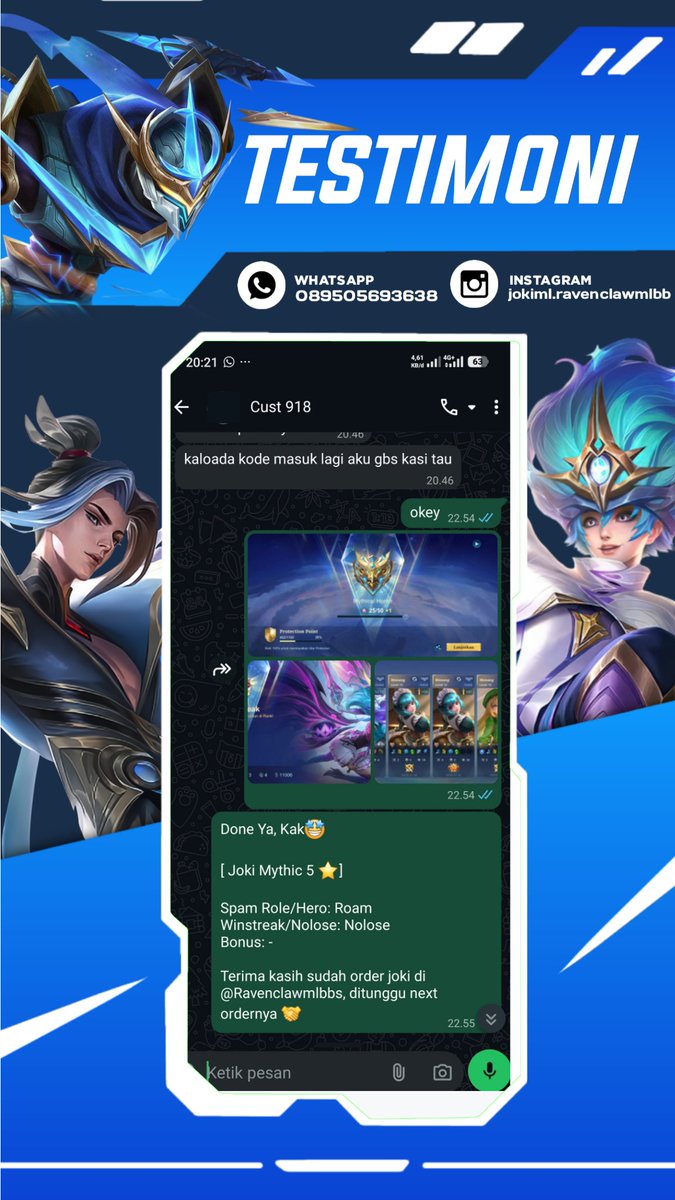 ravenclawmlbb's tweet photo. Done Joki ML

2417. Mythic 3 ★  No Lose
2418. Jokgen Glory 4 ★ No Lose
2419. Mythic 5 ★  No Lose
2420. Honor 33 ★ - Glory 51  ★

Sung aja yang mau order bisa langsung ke https://t.co/5BYb88r2nW

#testiravenclawjoki #jokiml https://t.co/FLeiyJ72lV