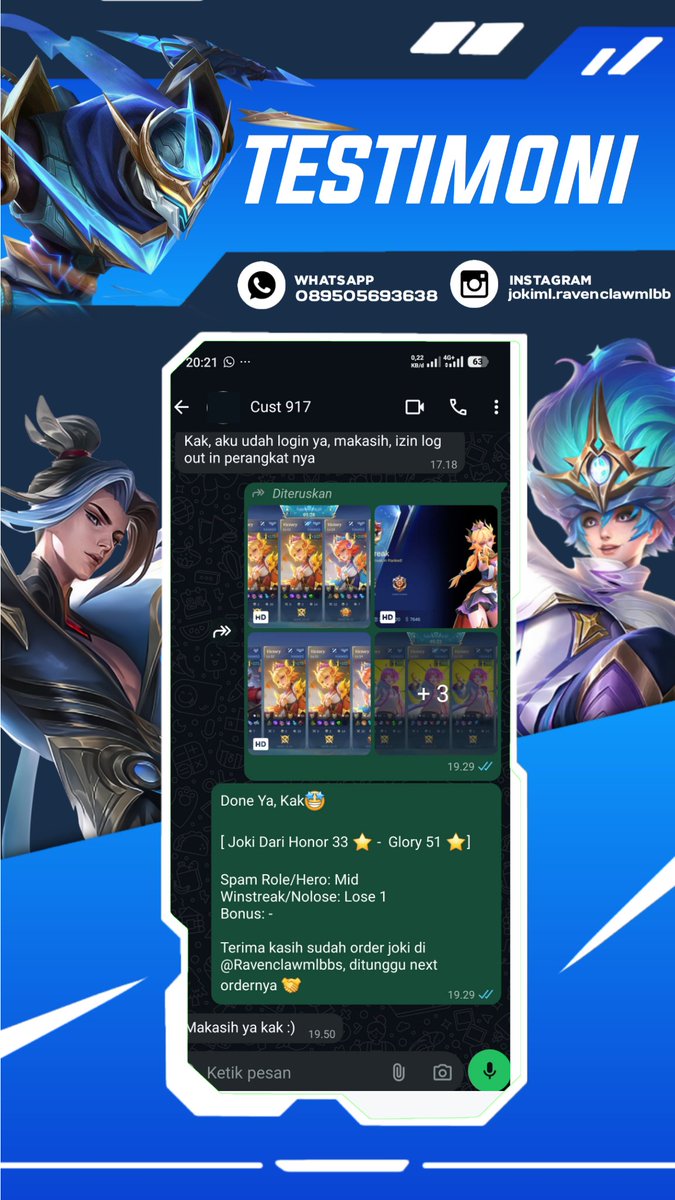 ravenclawmlbb's tweet photo. Done Joki ML

2417. Mythic 3 ★  No Lose
2418. Jokgen Glory 4 ★ No Lose
2419. Mythic 5 ★  No Lose
2420. Honor 33 ★ - Glory 51  ★

Sung aja yang mau order bisa langsung ke https://t.co/5BYb88r2nW

#testiravenclawjoki #jokiml https://t.co/FLeiyJ72lV
