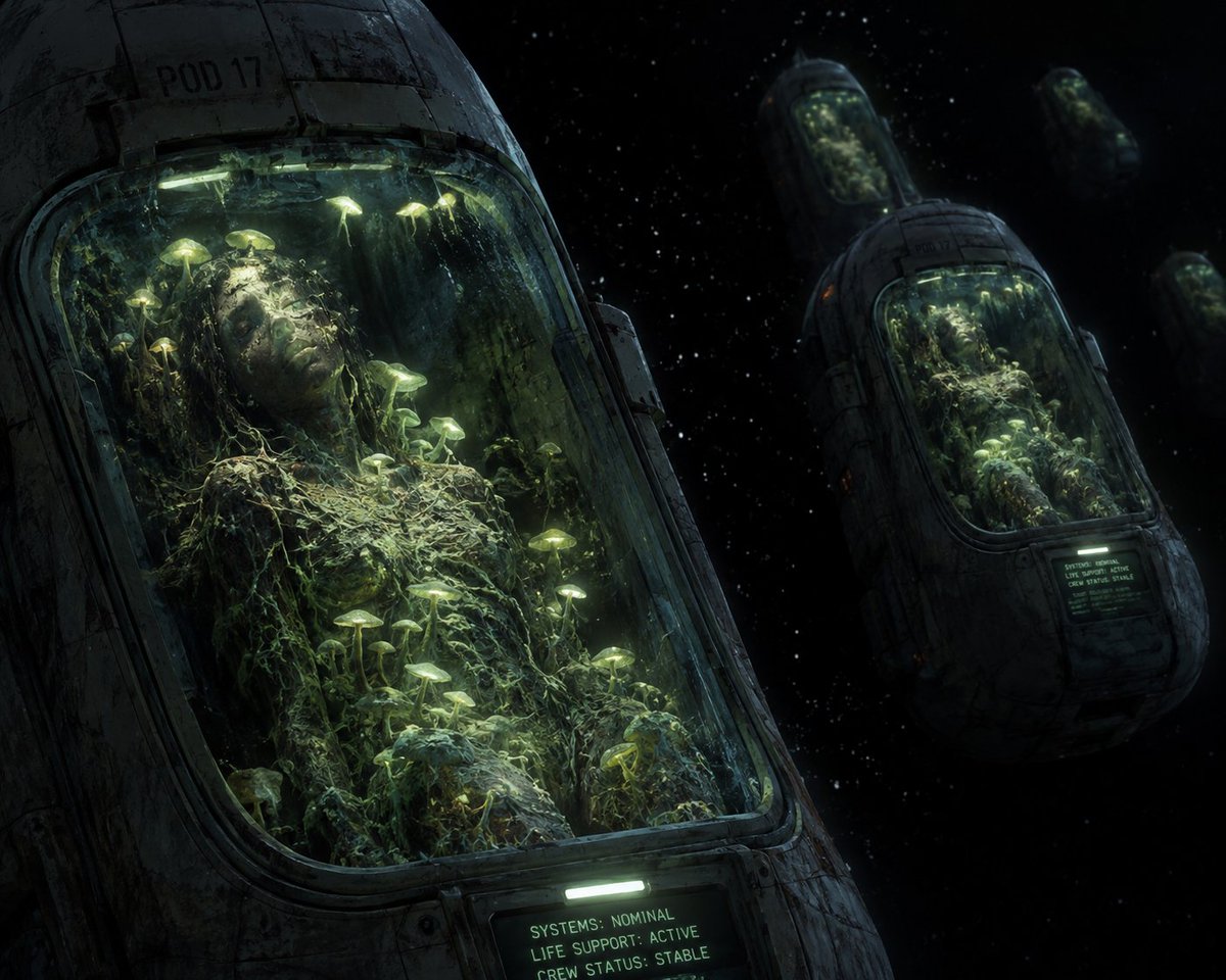ForgottenBeauty's tweet photo. Luminous fungi
Growing inside the crew pods
Beyond retrieval
#scifaikusaturday #poem #Poetry #haiku #inkmine #writing #scifaiku #sciencefiction https://t.co/KdEu1mVCZu