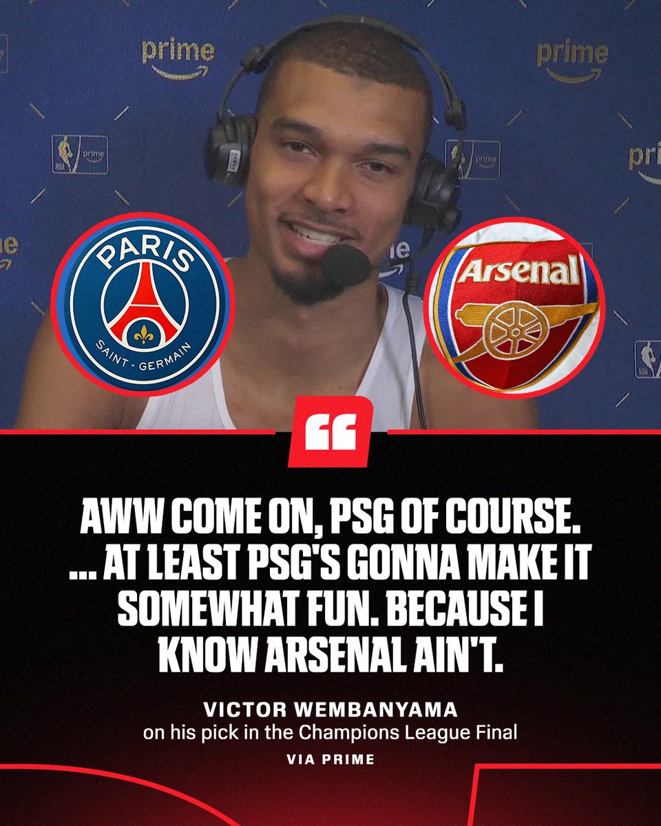 espn's tweet photo. Wemby is rocking with PSG to win the Champions League Final 😤 https://t.co/MAkpJUQYNN
