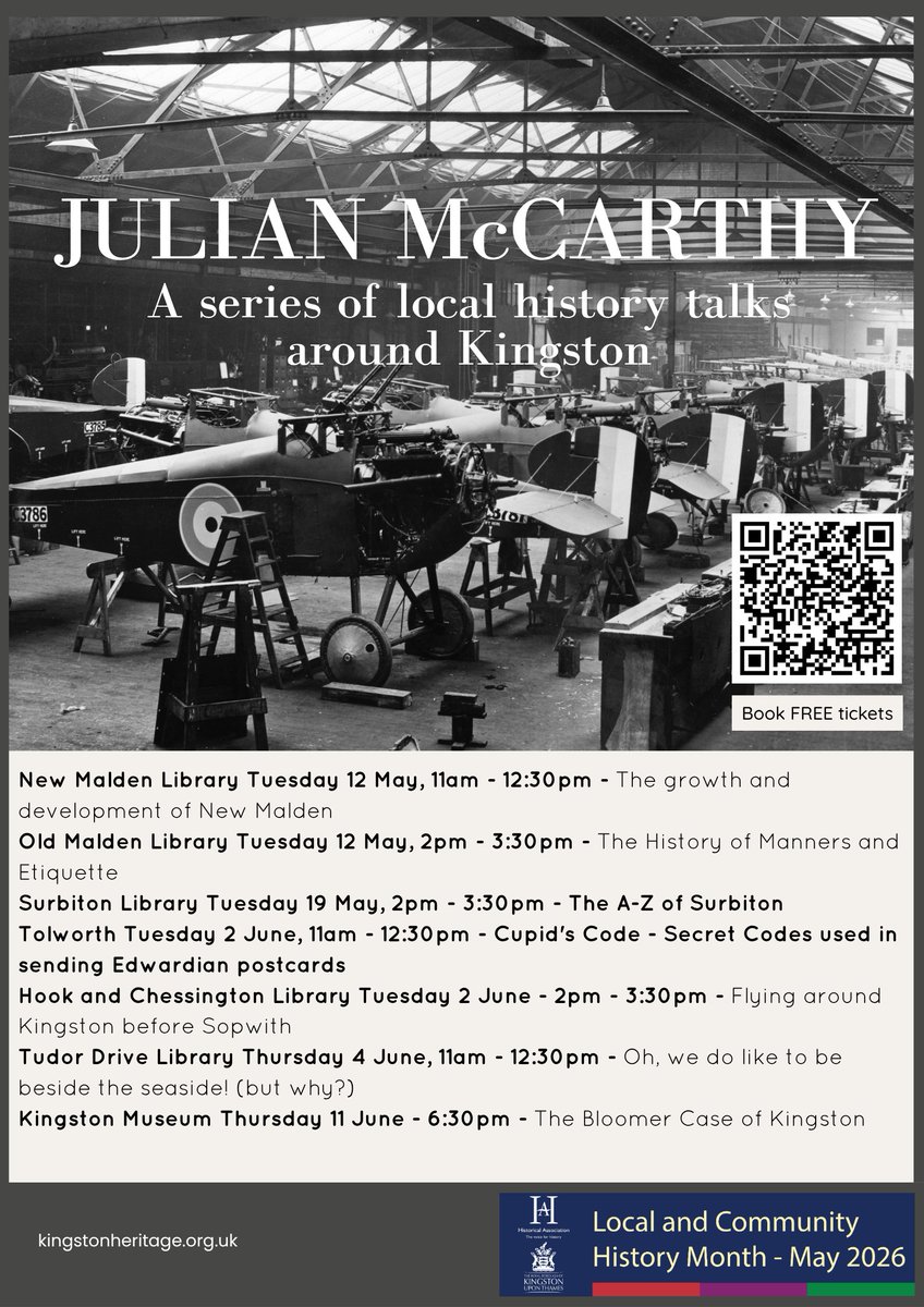RBKheritage's tweet photo. Join Julian McCarthy for a series of local history talks around Kingston.
Tickets are free, but please reserve a spot by scanning the QR code or visit the Kingston Heritage website.
👉https://t.co/2lvH1K4QEG

#kingstonuponthames #KingstonHeritage #rbkheritage #kingston #localhistorytalk