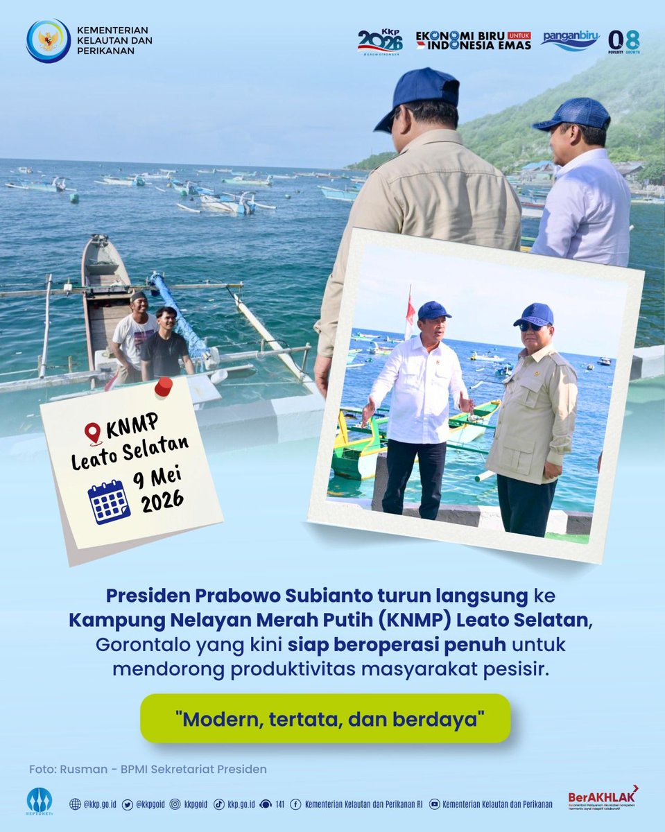 bbpbapjpr's tweet photo. Dari Leato Selatan, Kita Bawa Nelayan Indonesia Naik Kelas! 
Presiden Prabowo Subianto @prabowo didampingi Menteri Trenggono @swtrenggono, menengok langsung kesiapan operasional Kampung Nelayan Merah Putih (KNMP) Leato Selatan, Gorontalo yang pembangunannya telah rampung 100%. https://t.co/P2DmS3GqpK