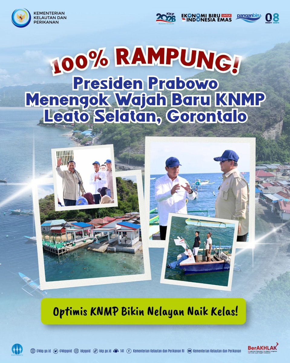bbpbapjpr's tweet photo. Dari Leato Selatan, Kita Bawa Nelayan Indonesia Naik Kelas! 
Presiden Prabowo Subianto @prabowo didampingi Menteri Trenggono @swtrenggono, menengok langsung kesiapan operasional Kampung Nelayan Merah Putih (KNMP) Leato Selatan, Gorontalo yang pembangunannya telah rampung 100%. https://t.co/P2DmS3GqpK