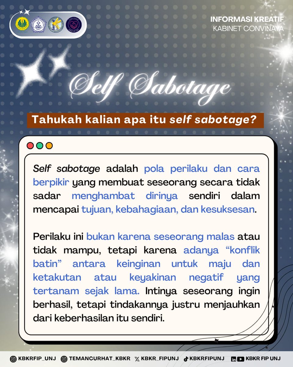 KBKR_FIPUNJ's tweet photo. ❤️‍🩹𝓢𝓮𝓵𝓯 𝓢𝓪𝓫𝓸𝓽𝓪𝓰𝓮❤️‍🩹

Pernahkah kamu merasa sudah dekat dengan pencapaian, tapi tanpa sadar melakukan hal yang malah merusaknya? Keraguan dan rasa tidak percaya diri seringkali membuat kita membangun tembok penghalang bagi kemajuan kita sendiri. https://t.co/iIr0kHgmlP
