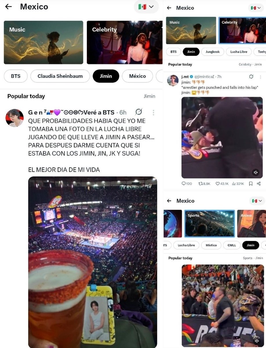 SÓ FALTA A CIDADANIA MEXICANA! ☝🏻
#JIMIN está atualmente entre os assuntos mais comentados do Twitter/X do México em VÁRIAS categorias. 

Ele está no Top #5 em sports, ao lado dos lutadores mexicanos, #2 na categoria de celebridades e #3 no ranking geral, junto da presidente do