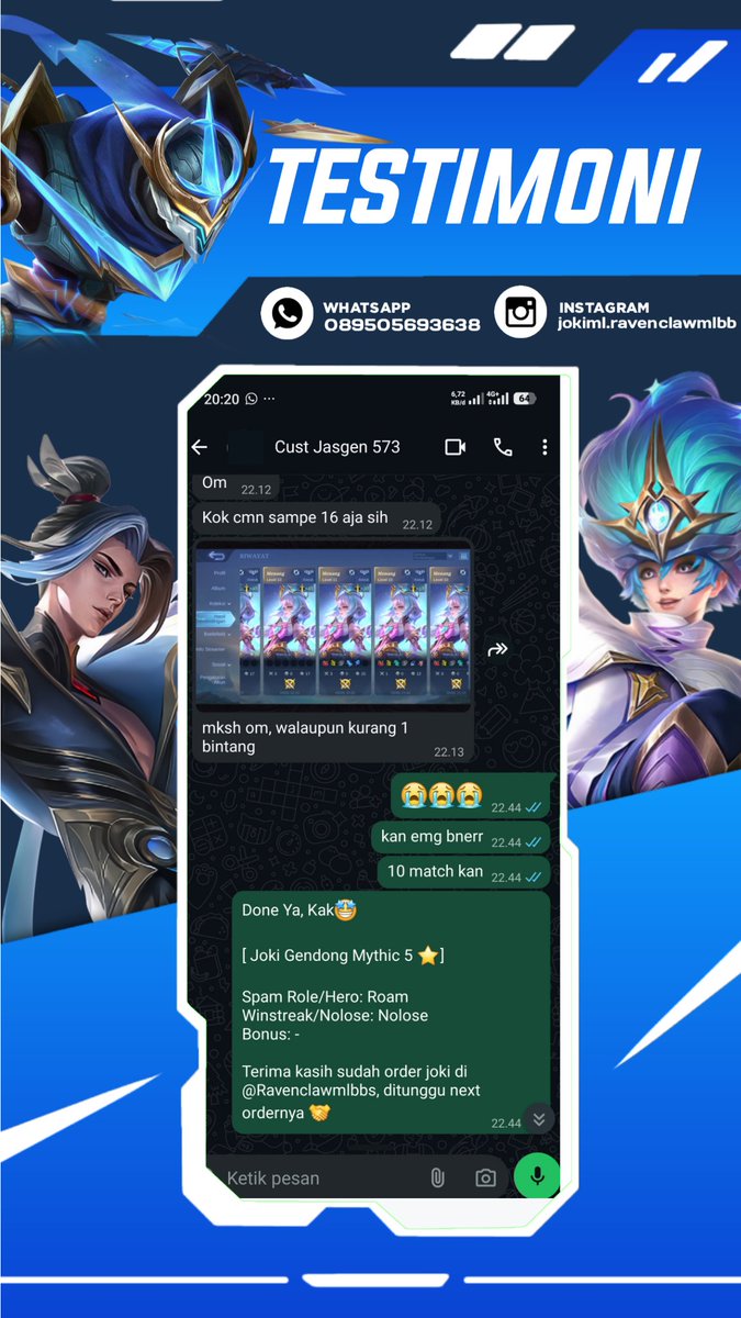 ravenclawmlbb's tweet photo. Done Joki ML

2421. Honor 9 ★  No Lose
2422. Jokgen Mythic 5 ★ No Lose
2423. Glory 12 ★  
2424. Legend 17 ★ No Lose 

Sung aja yang mau order bisa langsung ke https://t.co/5BYb88r2nW

#testiravenclawjoki #jokiml https://t.co/FGtrehqXna