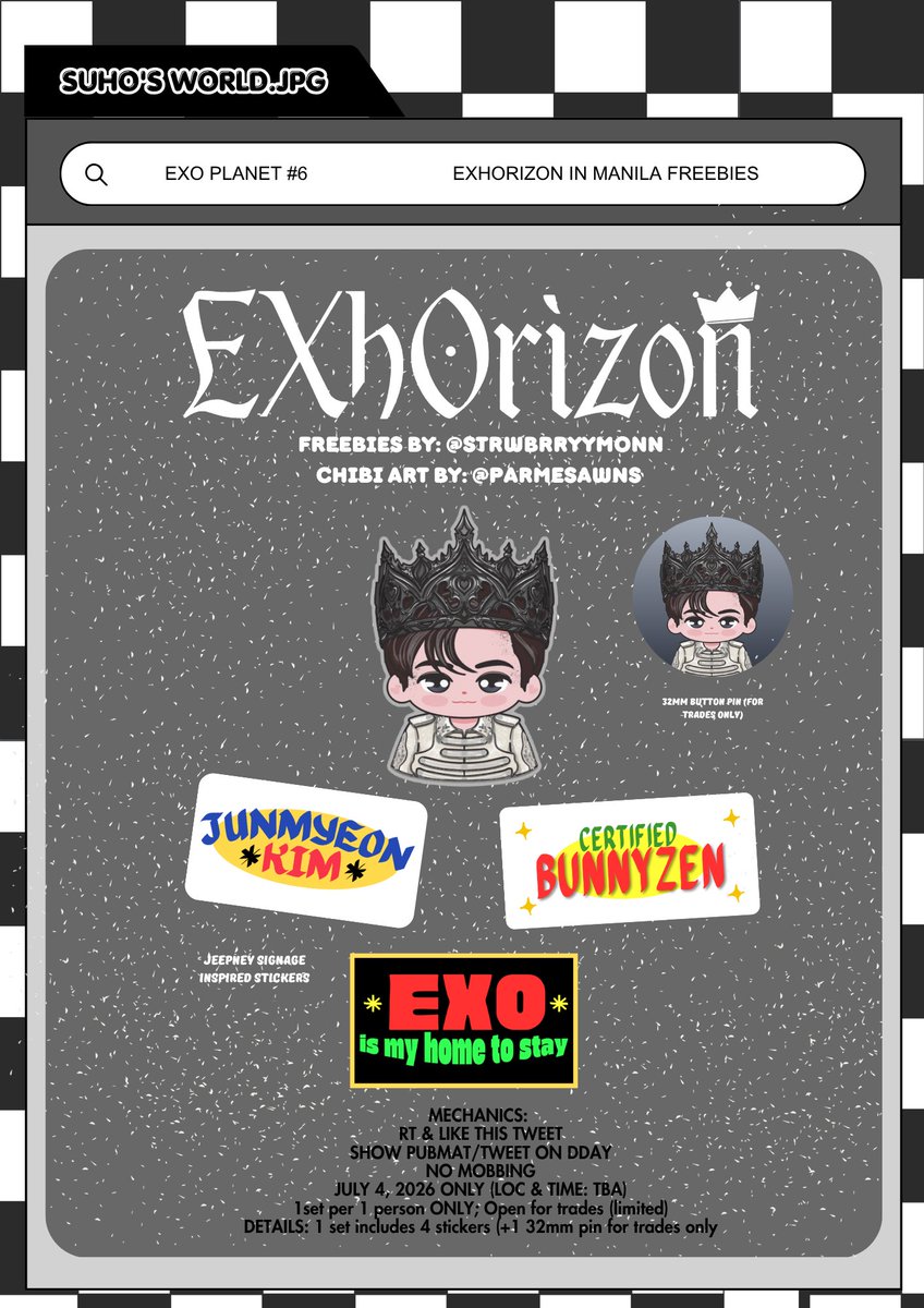 strwbrryymonn's tweet photo. EXhOrizon in Manila freebies by  @strwbrryymonn 🐰
Art by @parmesawns
 
- read pic for mechanics
- 1:1 only
- july 4, 2026
- on the spot trades only but open for reserved trades if willing to go to my location on dday  (dm me)

#EXhOrizonInManila #SUHO #EXO #EXOPLANET6 #JUNMYEON https://t.co/KUoqDIgaNh