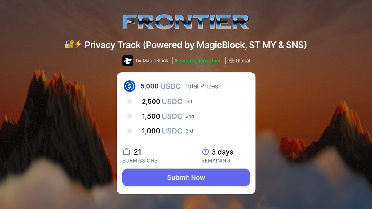 magicblock's tweet photo. 3 days left to ship for the Privacy Track at @Colosseum Frontier

$5,000 for the best privacy apps being built on Solana

Submit with the link below 👇 https://t.co/QgbQw1rLce