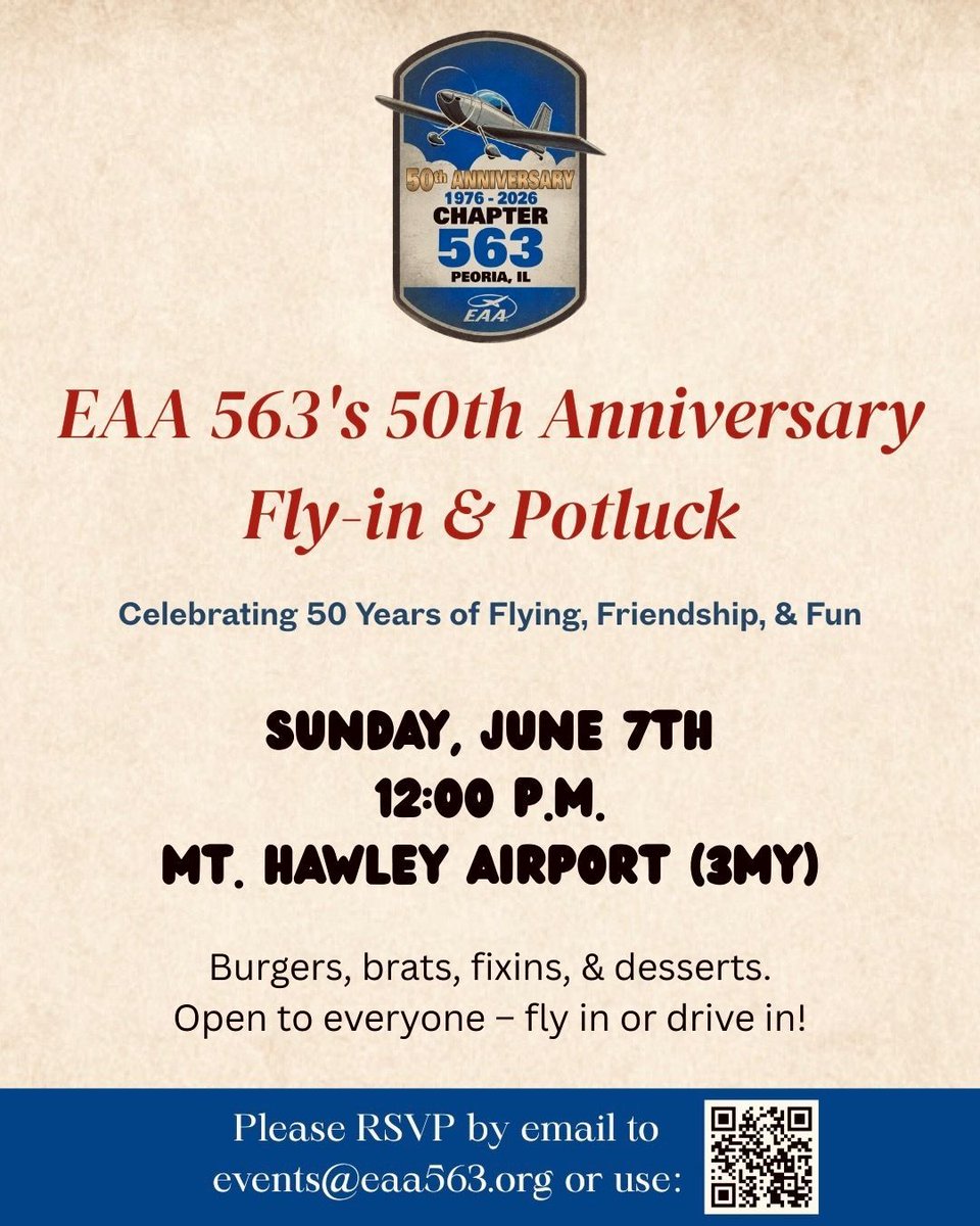 eaa563's tweet photo. Come celebrate our 50th Anniversary on June 7th at the Mt. Hawley airport (3MY) 
rsvp to events@eaa563.org or go here https://t.co/BYE5OXQ8U6 https://t.co/r1XKOXDs3F