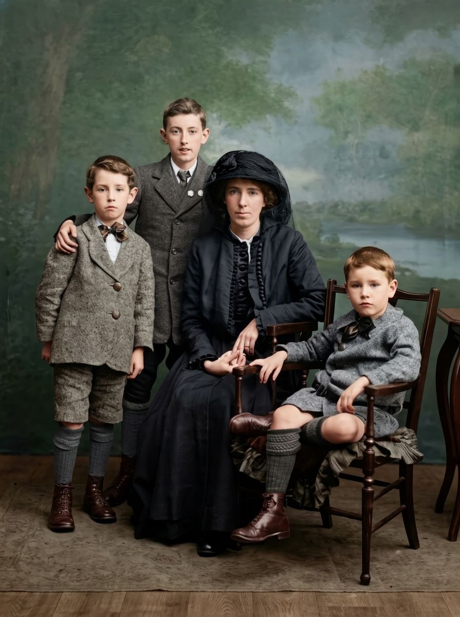 timelesscolours's tweet photo. Group portrait of Kathleen Clarke in mourning clothes and her sons John Daly Clarke, Tom Clarke and Emmet Clarke, taken in the aftermath of the execution of her husband Tom Clarke in 1916.

The price of the Rising was not paid by the dead alone. https://t.co/TQMsntMhEB