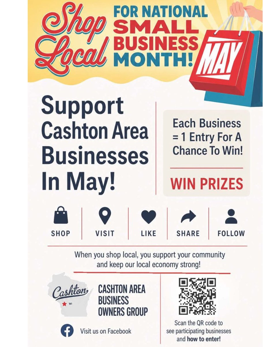 CashtonWi's tweet photo. May is National Small Business month! Many of the businesses in the Cashton community have banded together for this fun promotion. Scan the QR code or click the link below to find out the "action item" to complete for each business. 
https://t.co/ikh1iX66CI https://t.co/ueYgXecu5c